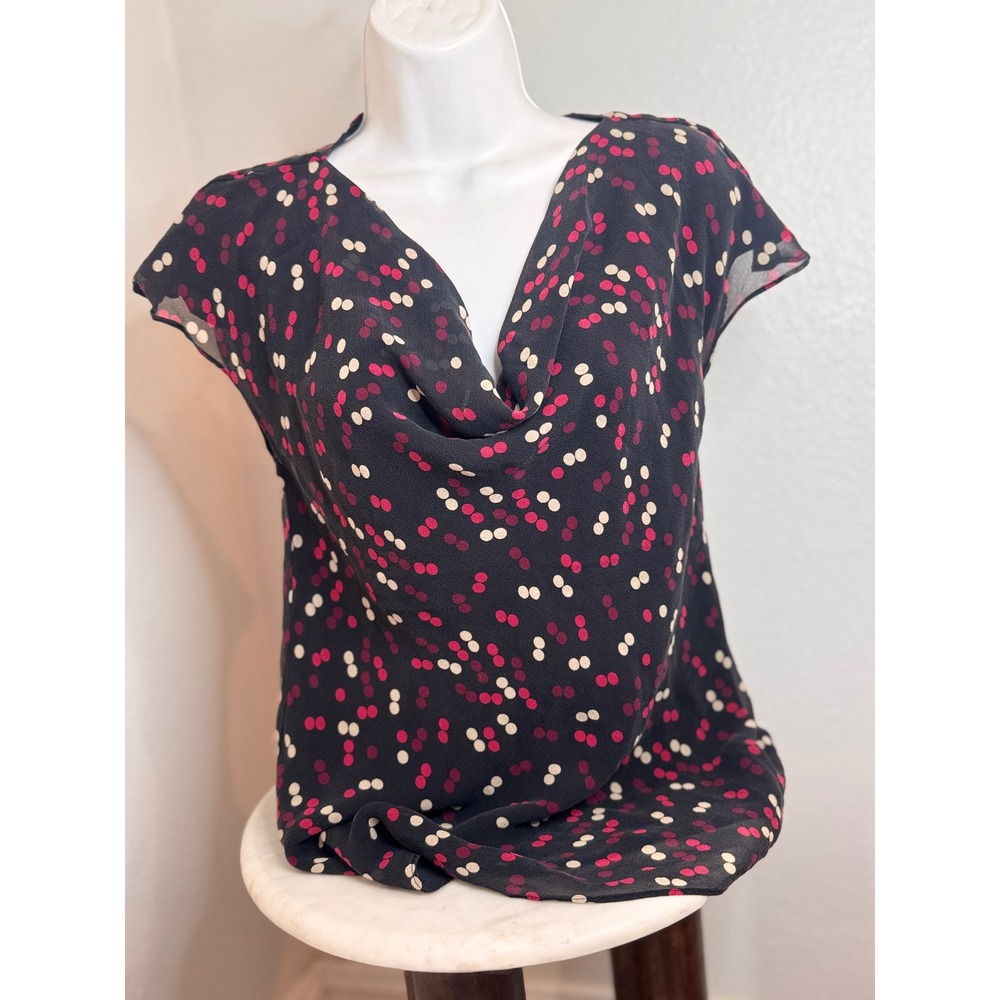 Nine West 100% Silk Dot Print Cowl Neck Top • Lined Sleeveless Blouse • M
